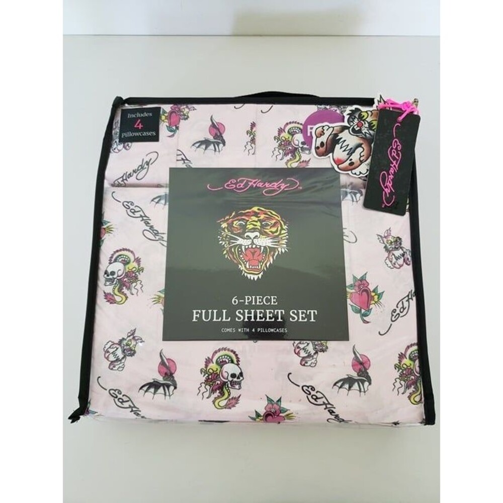 Ed Hardy Full 6 Piece Sheet Set Pink Skull Rabbit Bat Heart Flower